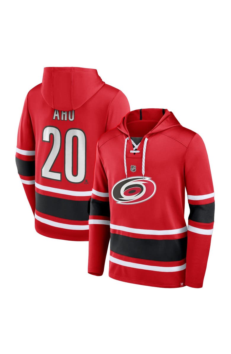 FANATICS Men's Fanatics Branded Sebastian Aho Red Carolina Hurricanes Name & Number Lace-Up Pullover Hoodie, Main, color, Red