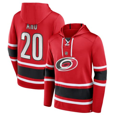 Men's Fanatics Branded Sebastian Aho Red Carolina Hurricanes Name & Number Lace-Up Pullover Hoodie
