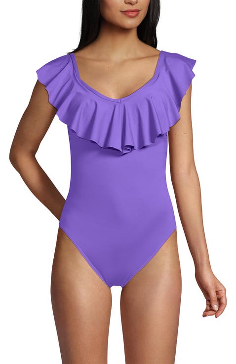 Chlorine Resistant Ruffle V-neck High Leg One Piece Swimsuit
