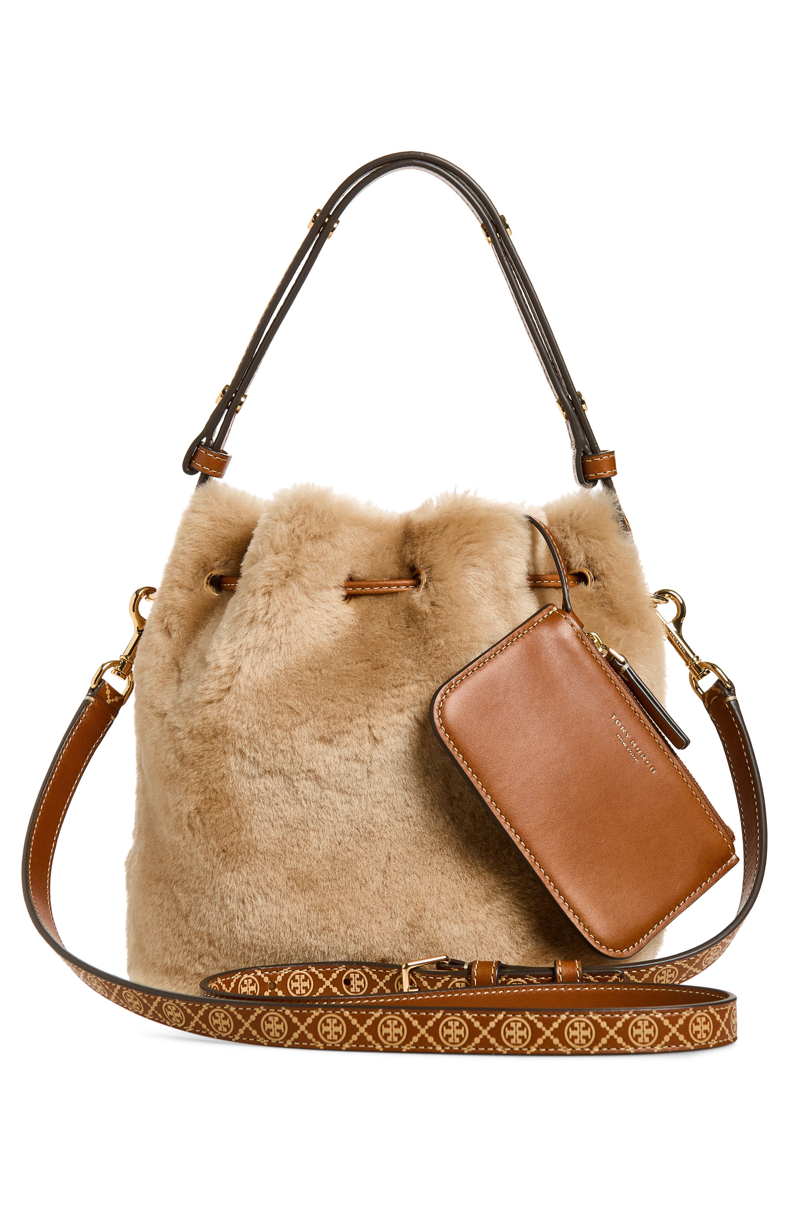 T Monogram Genuine Shearling Bucket Bag, Alternate, color, TEDDY