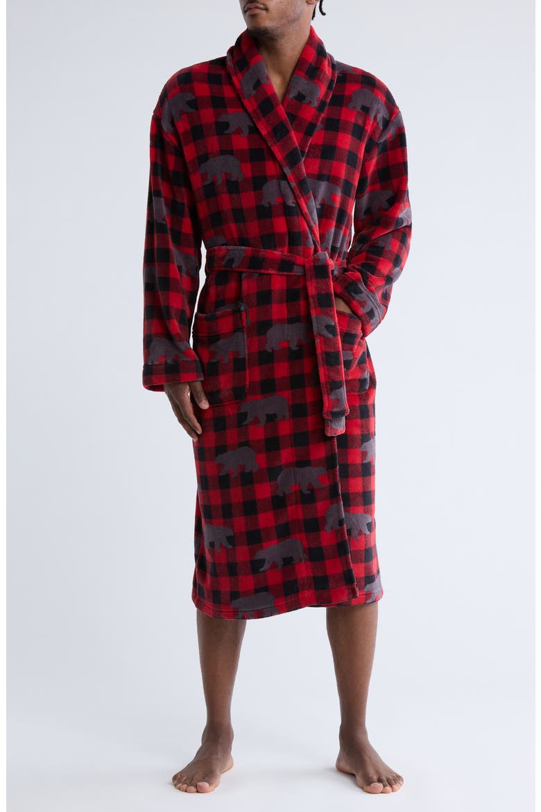 Buffalo Check Plush Shawl Robe, Main, color, RUBY