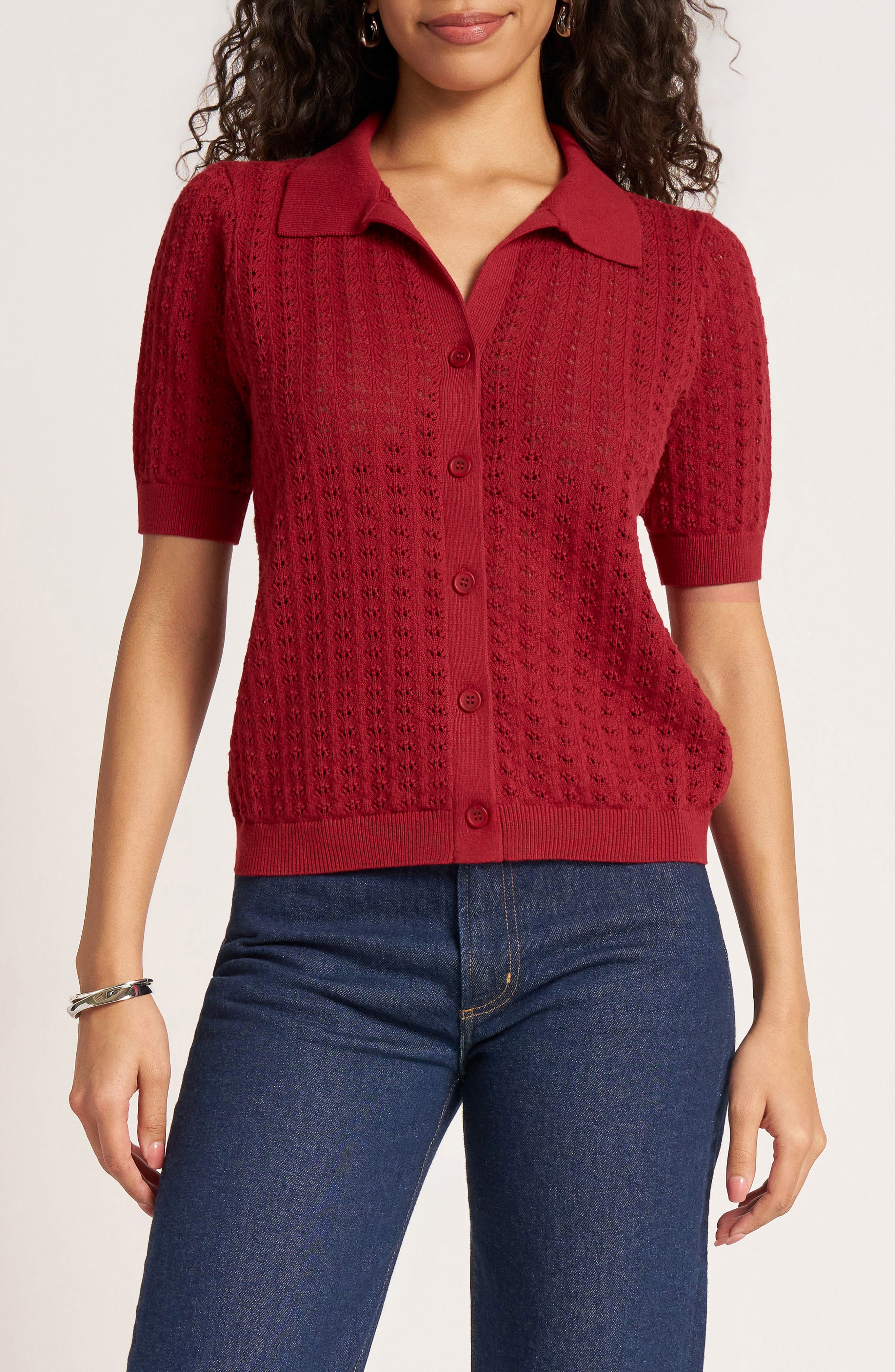Matty M . Solana Pointelle Polo Cardigan In Red