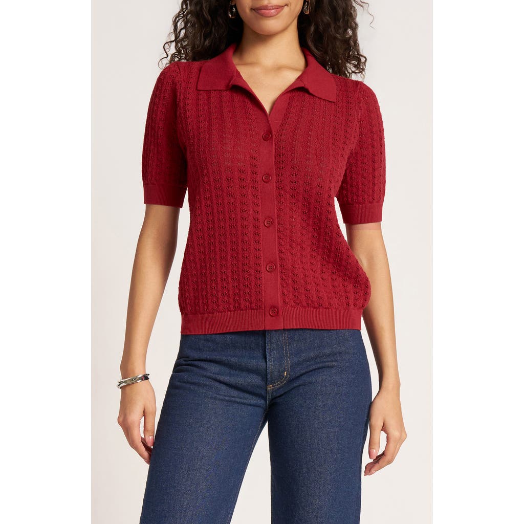 Matty M . Solana Pointelle Polo Cardigan In Red