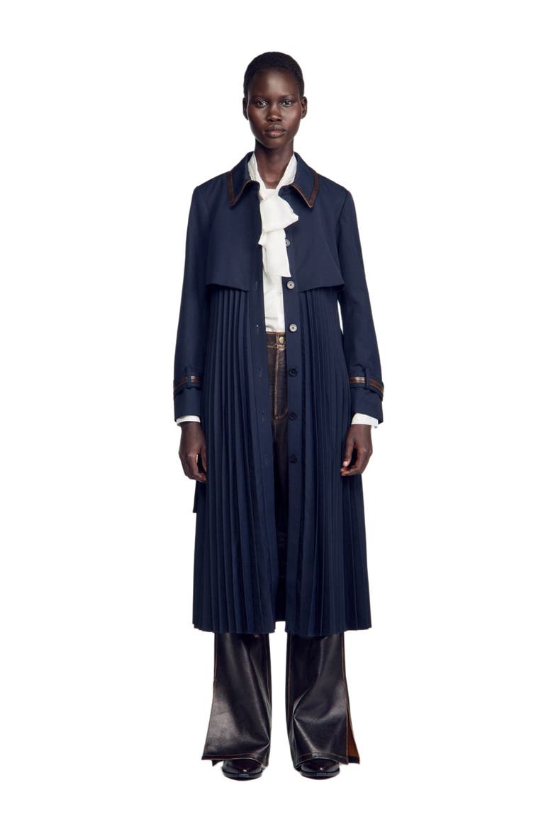 Trench with pleated leather collar, Main, color, Navy blue