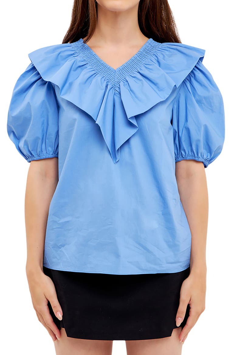 Smocked Ruffle Puff Sleeve Cotton Blouse, Alternate, color, OXFORD BLUE