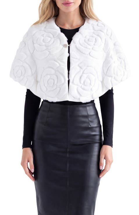 Genuine Shearling/Suede Floral Embroidered Stole Reversible To Cashmere And Wool Blend