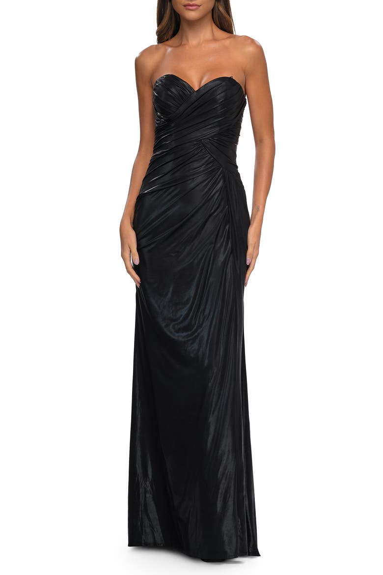 Metallic Jersey Dress with Ruching and Sweetheart Top, Main, color, Black