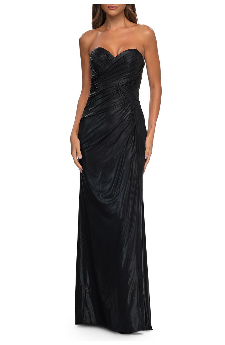 La Femme Metallic Jersey Dress with Ruching and Sweetheart Top, Main, color, Black