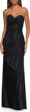 La Femme Metallic Jersey Dress with Ruching and Sweetheart Top