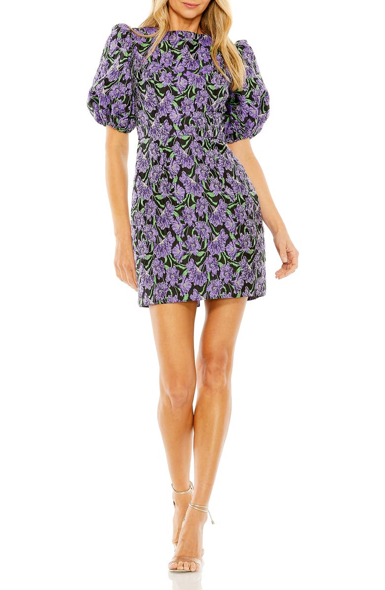 Mac Duggal Bubble Sleeve Brocade Mini Dress, Main, color, Purple Multi