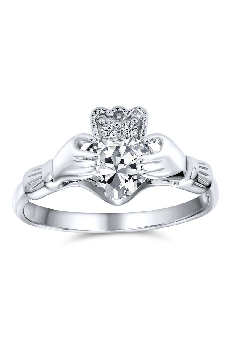 BFF Rhodium Plated Sterling Silver CZ Celtic Irish Claddagh Ring, Main, color, CLEAR