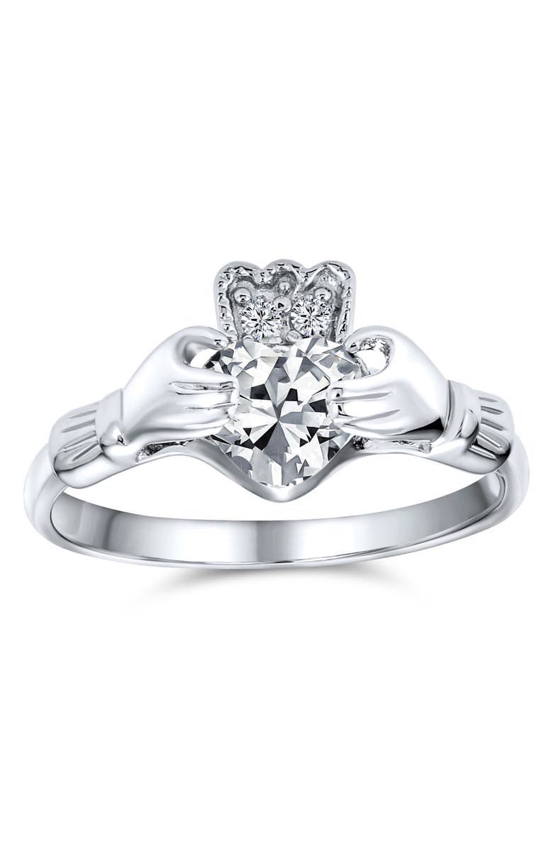 BLING JEWELRY BFF Rhodium Plated Sterling Silver CZ Celtic Irish Claddagh Ring, Main, color, Clear