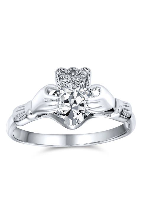 BFF Rhodium Plated Sterling Silver CZ Celtic Irish Claddagh Ring