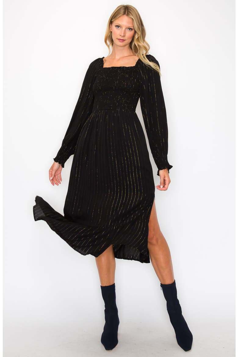 Metallic Stripe Smocked Long Sleeve Midi Dress, Alternate, color, BLACK/ GOLD
