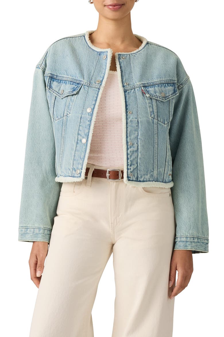 Shrunken '90s Faux Shearling Lined Denim Trucker Jacket, Main, color, INNER ADVENTURER STONE