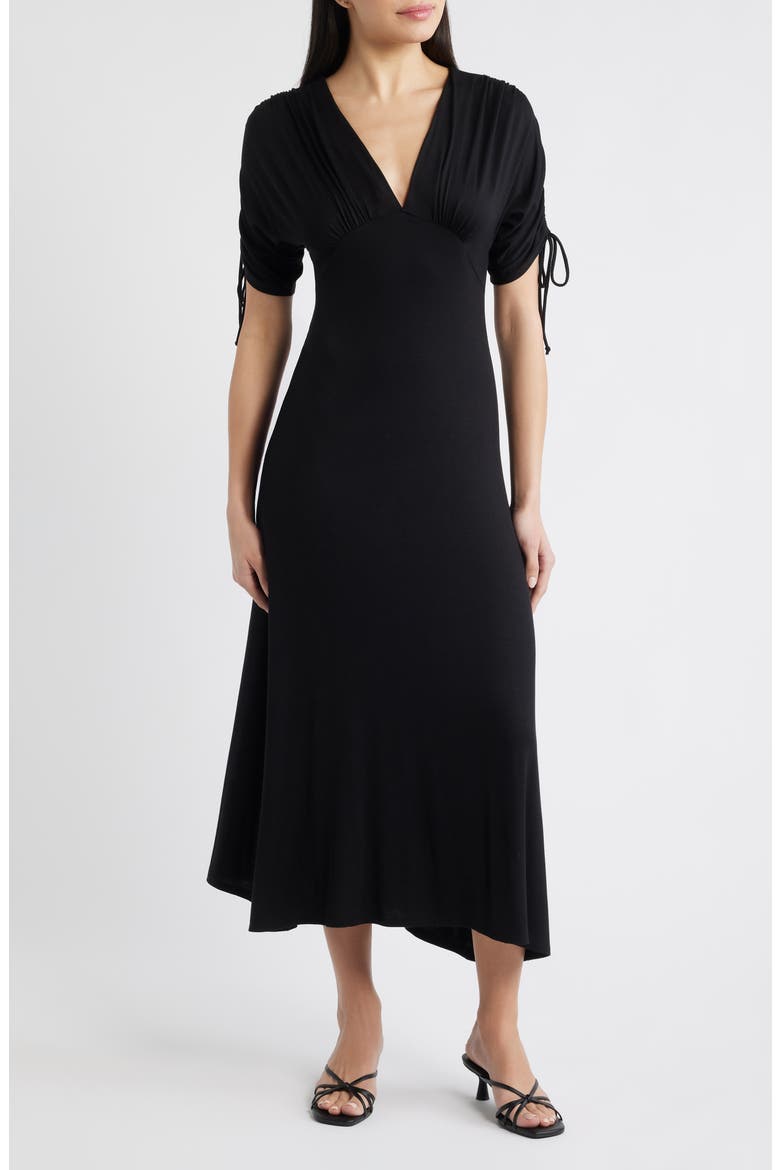 Ruched Sleeve Empire Waist Maxi Dress, Main, color, BLACK