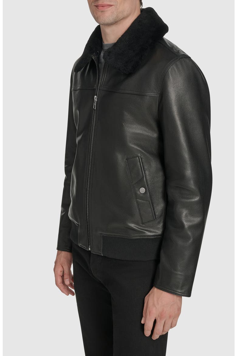 Leather Aviator Jacket with Removable Genuine Shearling Collar, Alternate, color, BLACK
