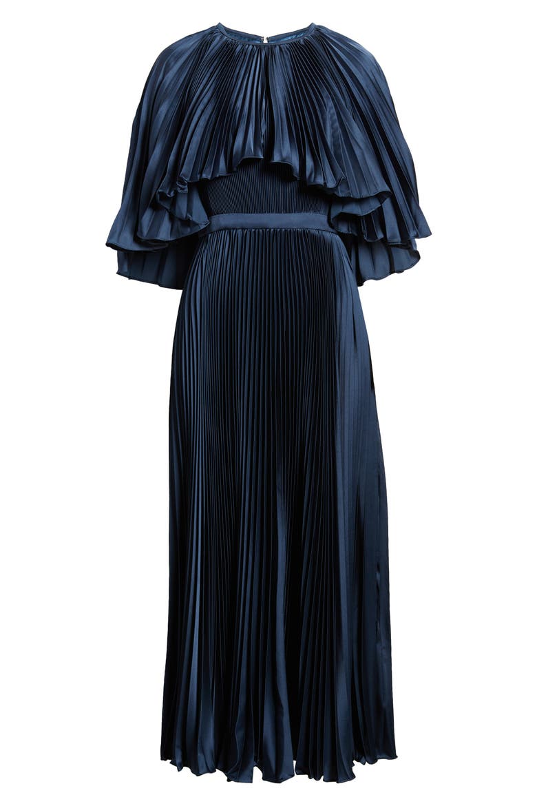 Pleated Capelet Tea-Length Dress, Alternate, color, MIDNIGHT