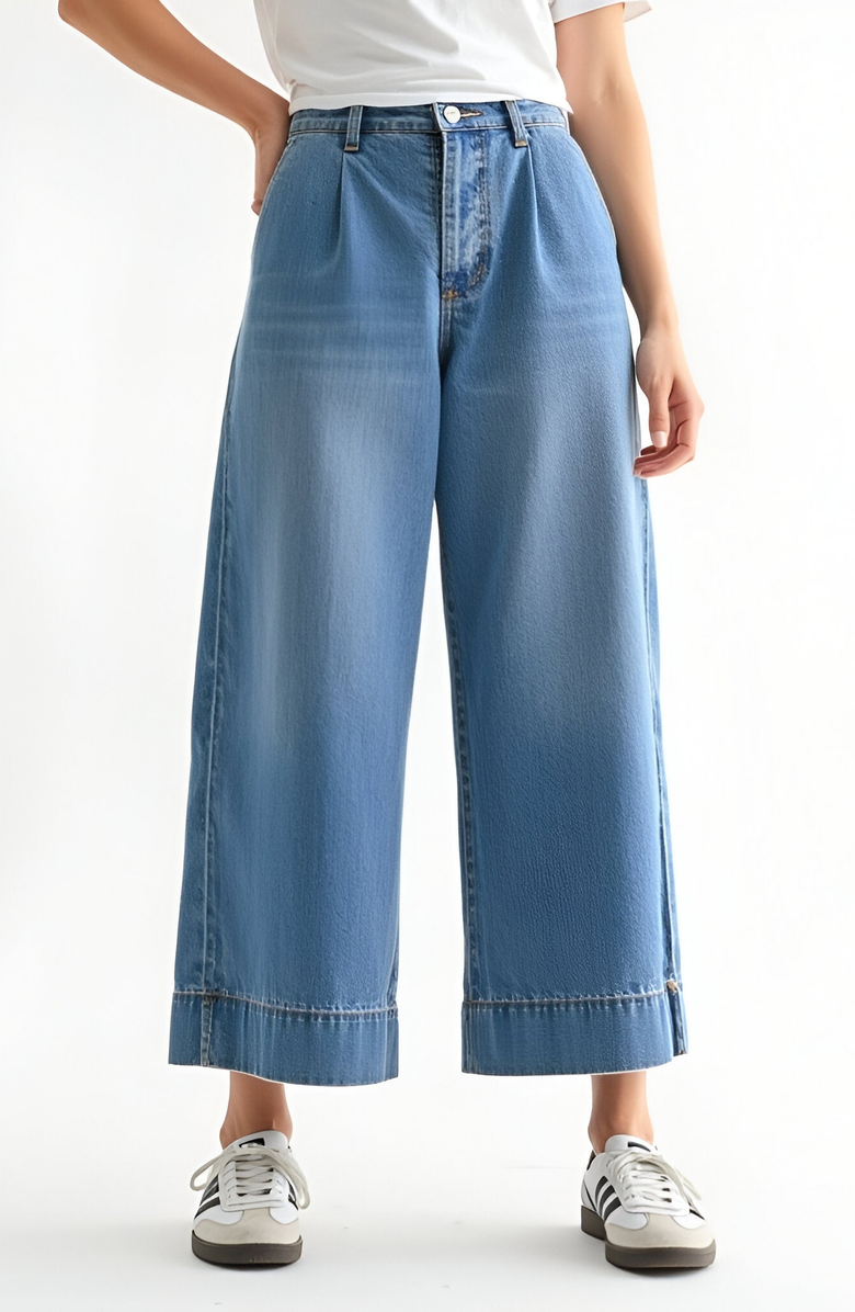 Modenaire Wide Leg Cropped Denim Pants with High Waist and Cuffed Hem, Main, color,