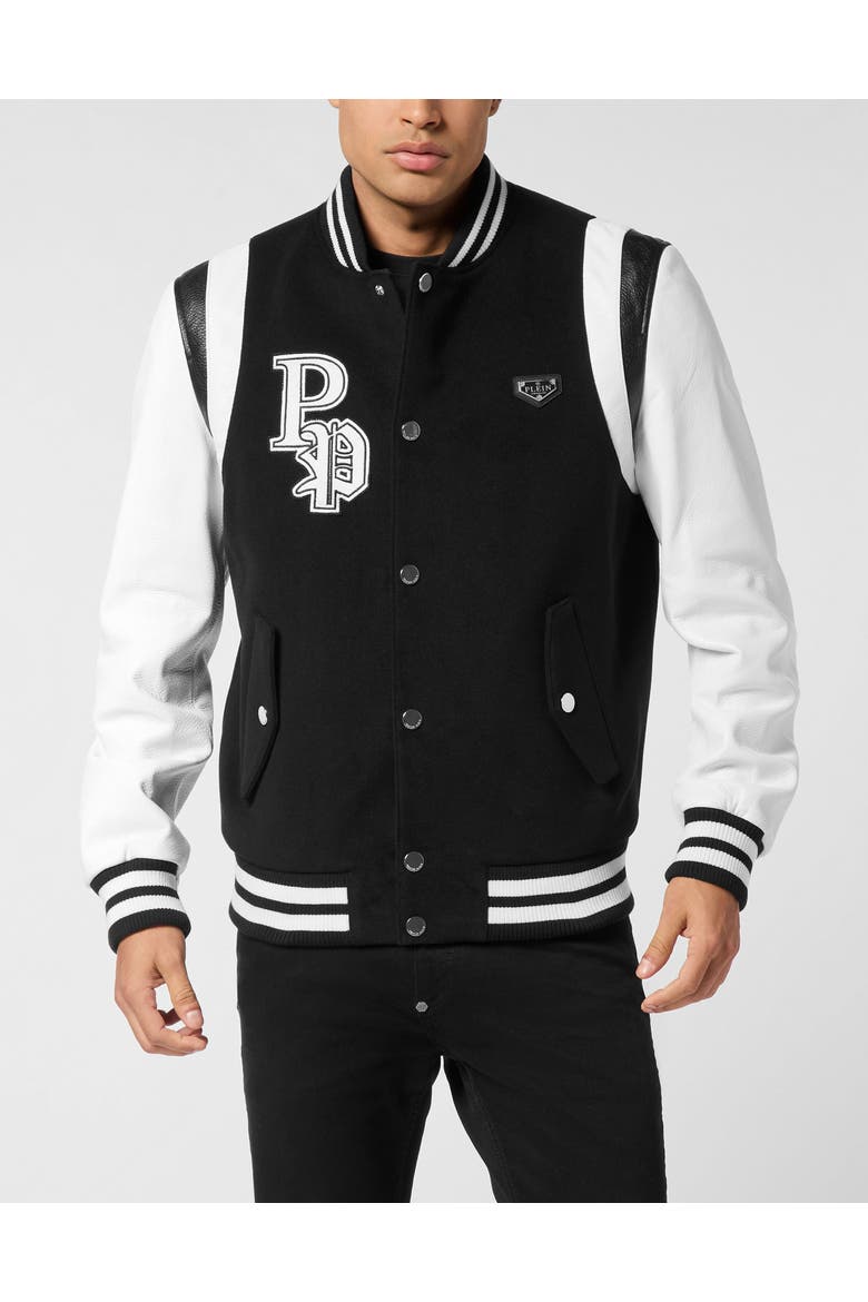 College Bomber Jacket Patches Men, Main, color, black
