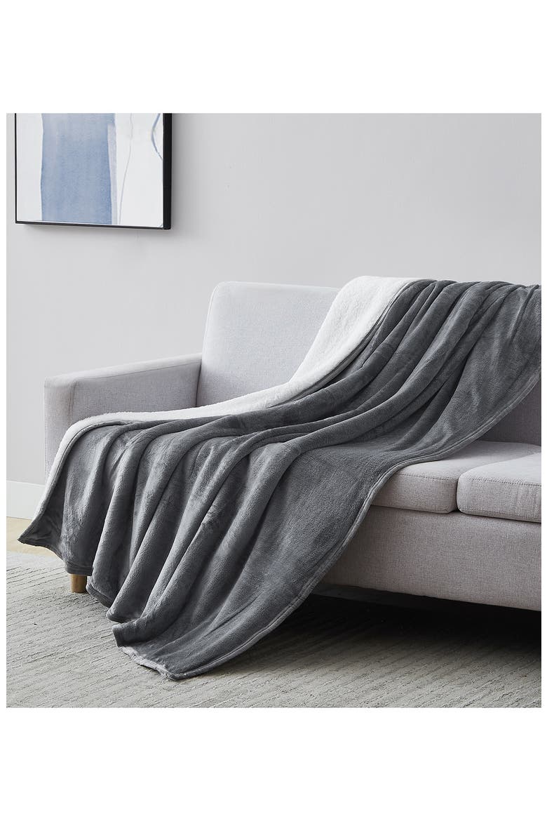 Microfleece Faux Shearling Lined Reversible Throw Blanket - 50" x 70", Alternate, color, SLATE