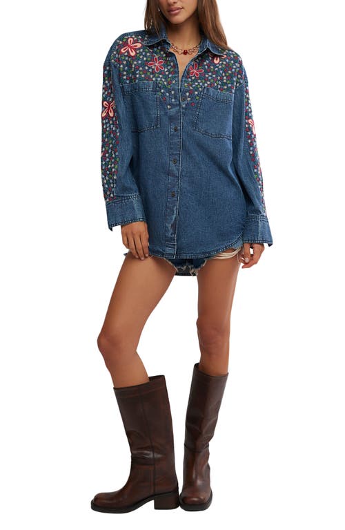 Free People Rainbow Embroidered Denim Shirt In Blue