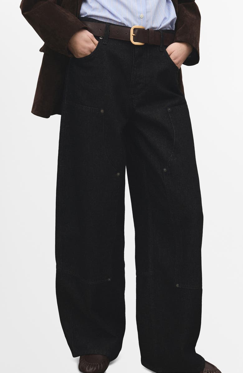 MANGO Patch Detail Barrel Leg Jeans, Main, color, Black