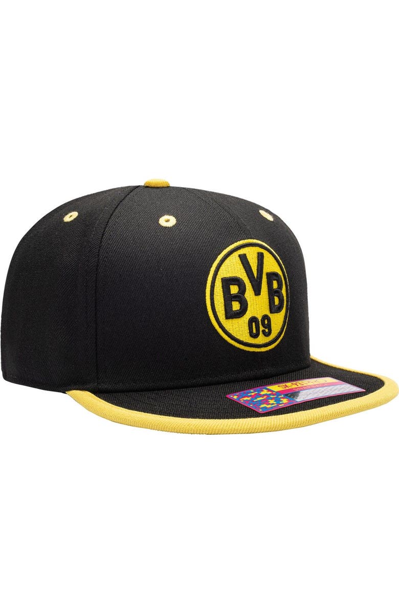 FAN INK Men's Black Borussia Dortmund Tape Snapback Hat, Alternate, color,