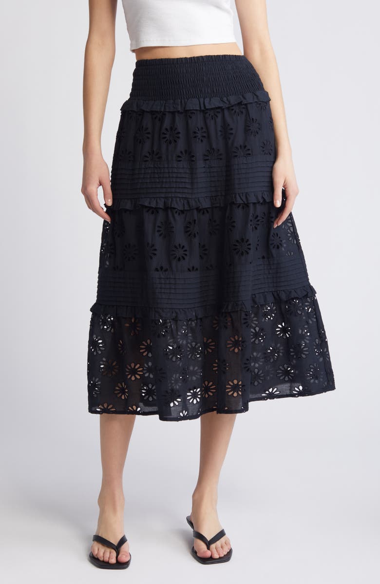 Rails Gail Tiered Cotton Eyelet Skirt, Main, color, Black