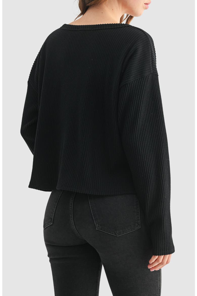 Split Neck Long Sleeve Ribbed Top, Alternate, color, BLACK