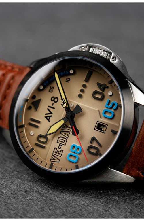 Avi-8 P-51 Mustang Patriot Automatic Ve-day 80th Anniversary Limited Edition Leather Strap Watch, 43 In Brown