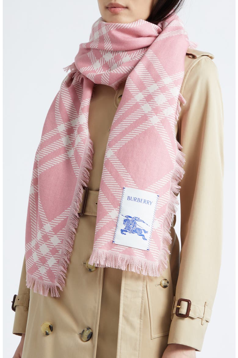 Check Wool & Silk Fringe Scarf, Alternate, color, SUGAR PINK