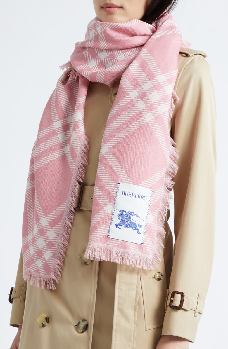 Burberry Check Wool & Silk Fringe Scarf, Alternate, color, Sugar Pink