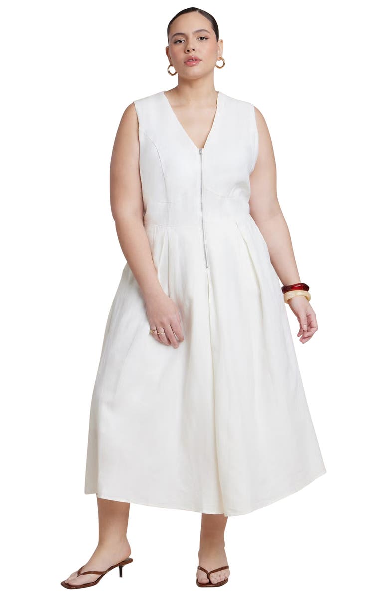 ELOQUII Zipper Detail Linen Maxi Dress, Main, color, Coconut Milk