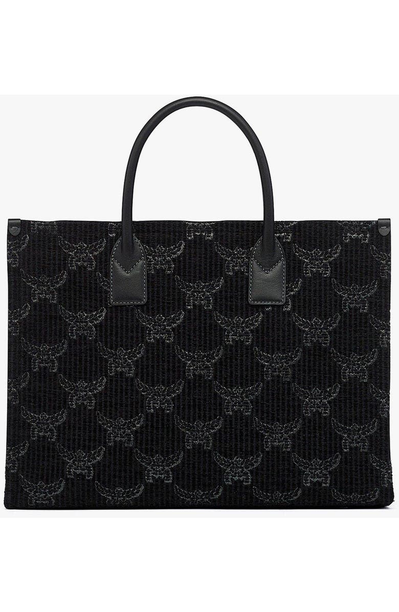 MCM Large Munchen Tote in Lauretos Lurex Jacquard, Alternate, color, Black