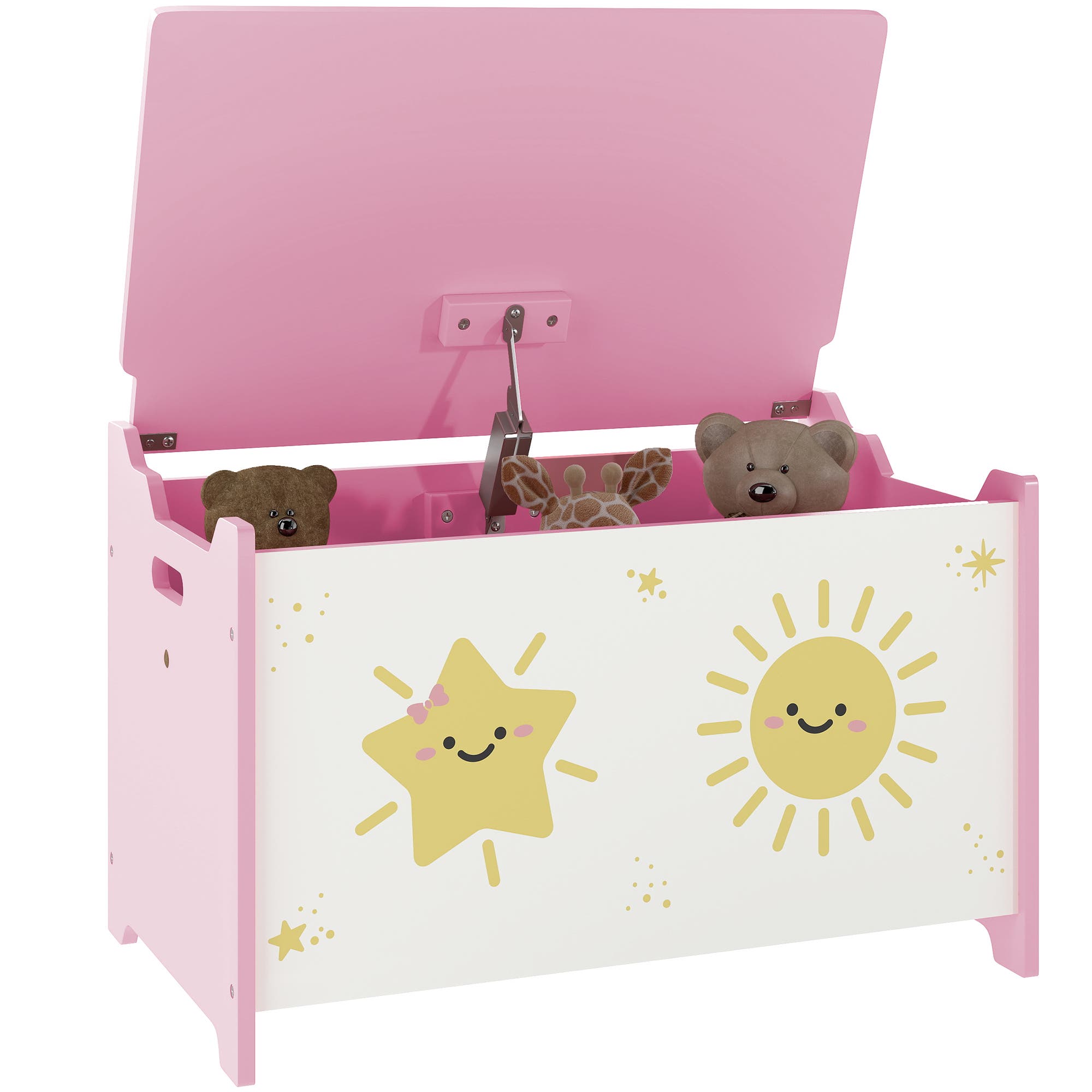 Pink toy chest with a sun and star design on the front
