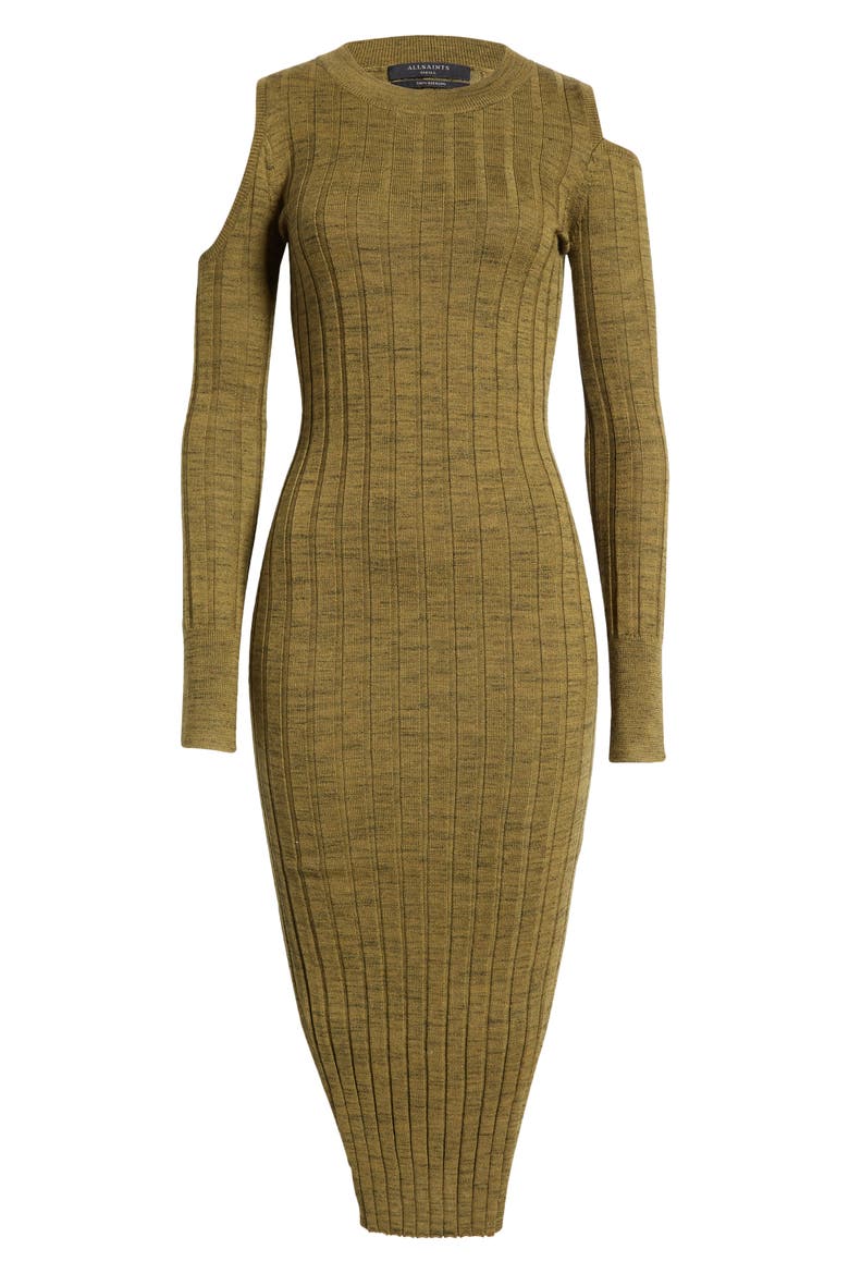 Daina Cold Shoulder Merino Wool Sweater Dress, Alternate, color, KHAKI BLACK TWIST