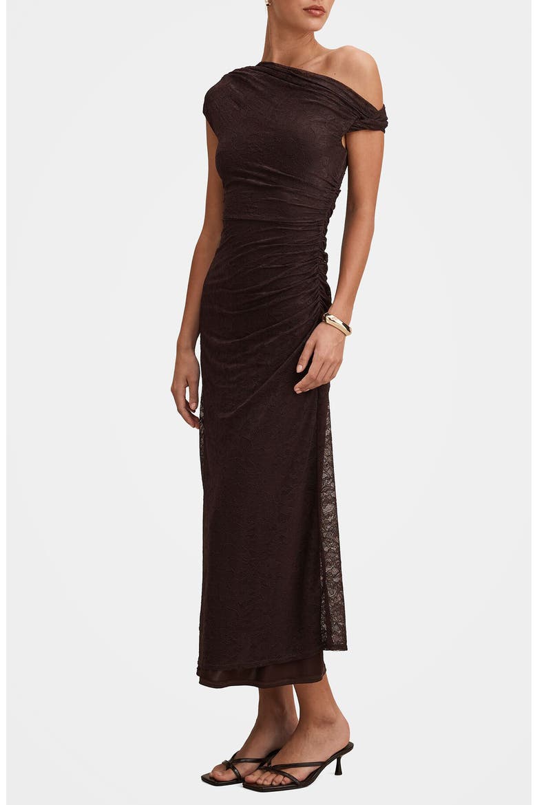 Paris Asymmetric Lace Midi Dress, Alternate, color, CHOCOLATE