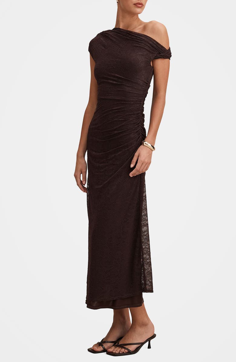Ever New Paris Asymmetric Lace Midi Dress, Alternate, color, Chocolate