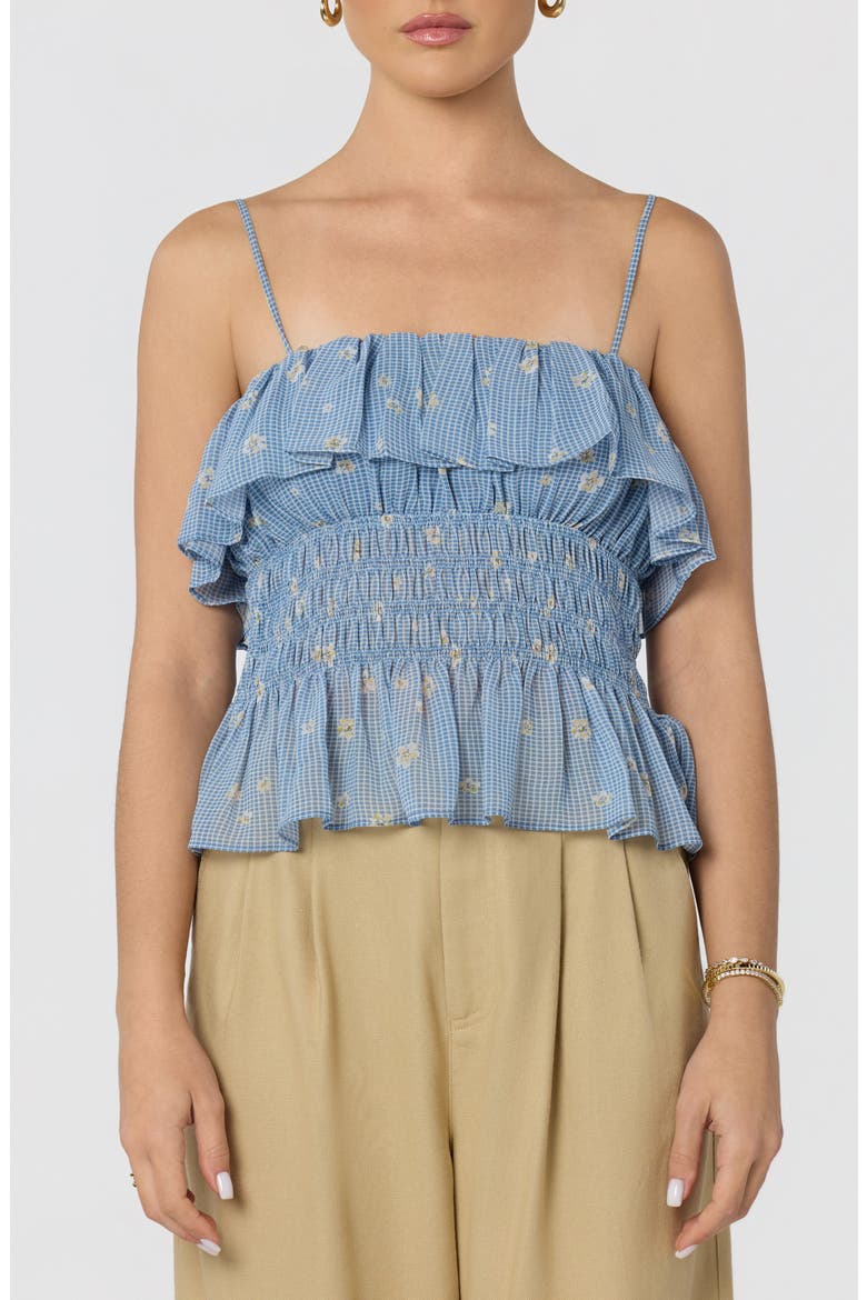 Carmelitha Ditsy Floral Gingham Ruffle Trim Peplum Top, Main, color, NAVY FLORAL GINGHAM
