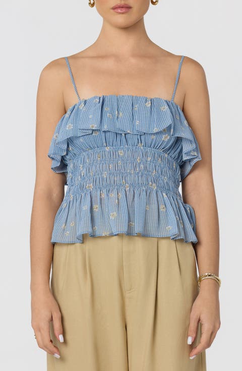 Carmelitha Ditsy Floral Gingham Ruffle Trim Peplum Top