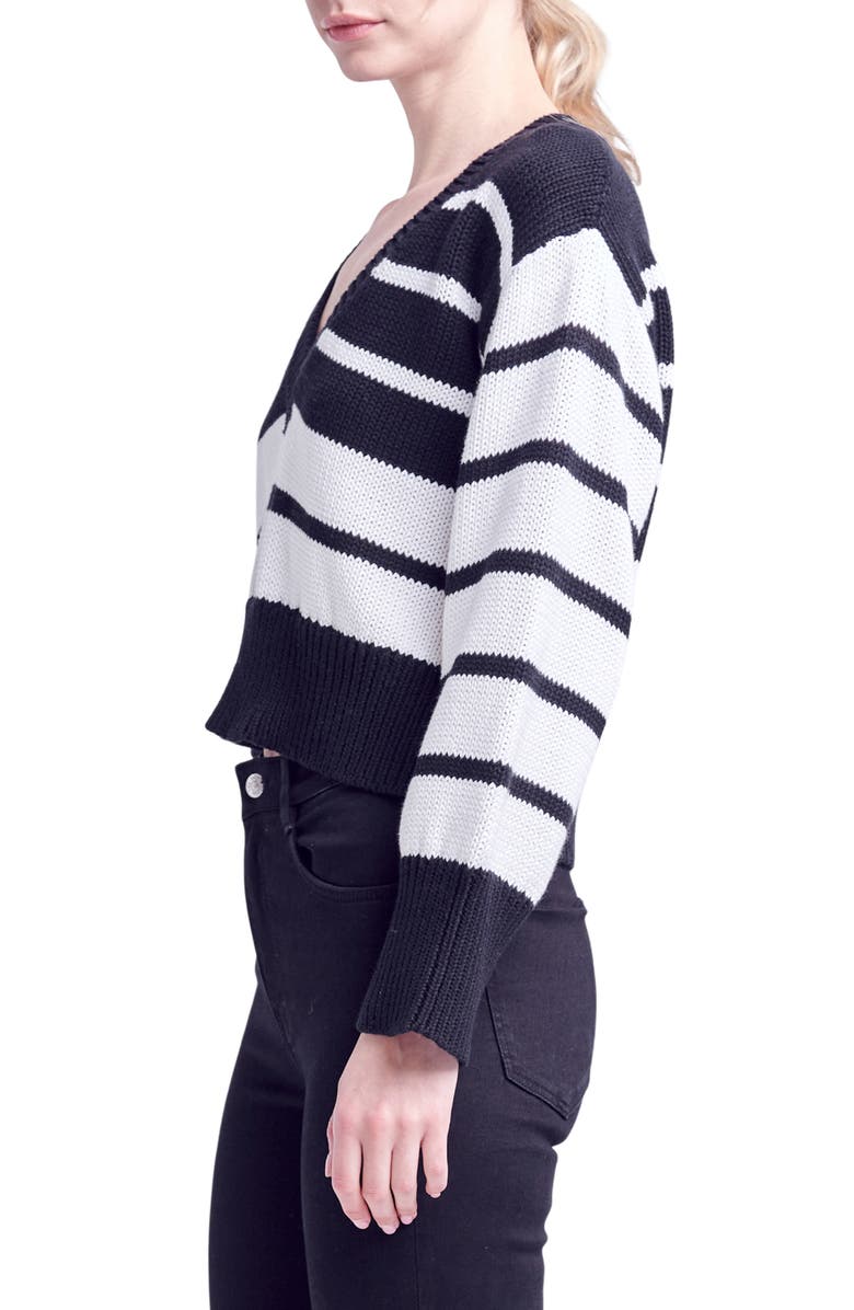 English Factory Stripe V-Neck Cotton Crop Sweater, Alternate, color, Black/ White