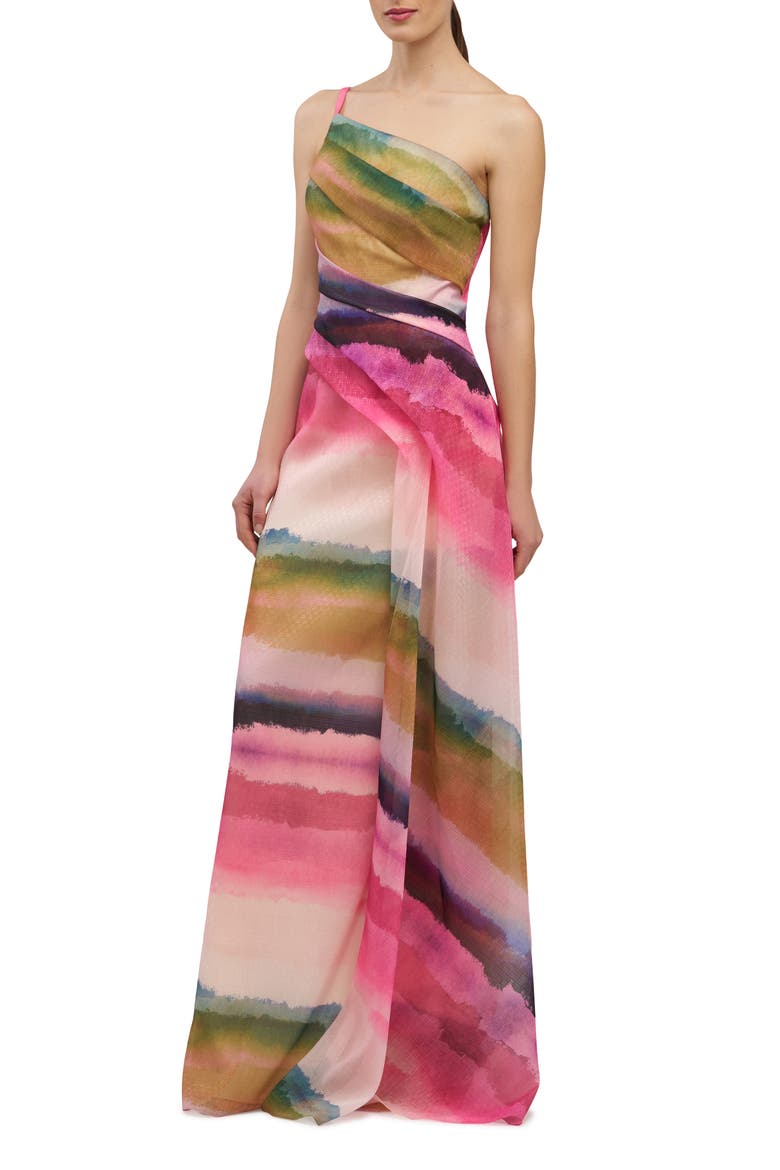 Normani One-Shoulder Printed Organza Gown, Alternate, color, PINK CORAL MULTI