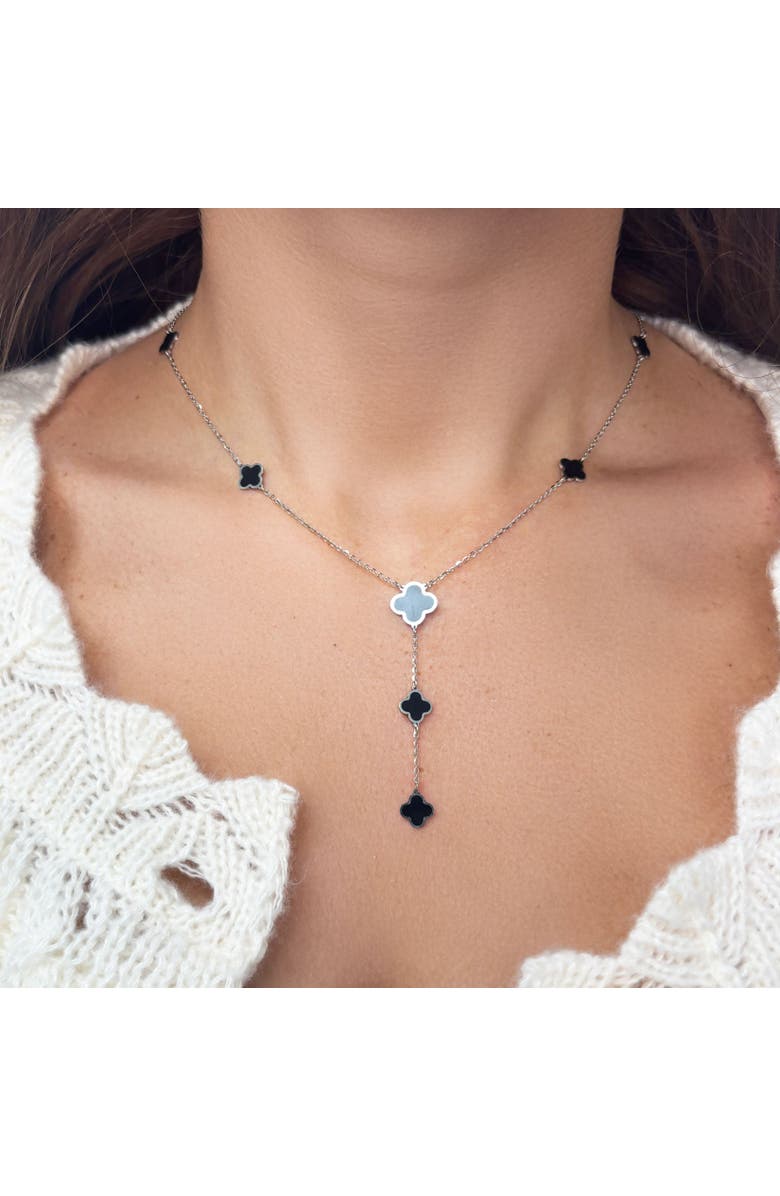 The Lovery Fine Jewelry Onyx Clover Station Lariat Necklace, Alternate, color, White Gold