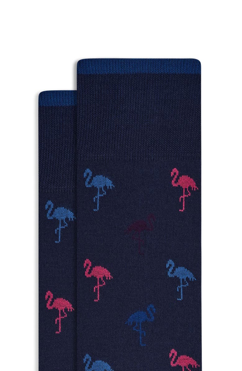 Bugatchi Flamingo Pattern Mercerized Cotton Blend Dress Socks, Alternate, color, Navy