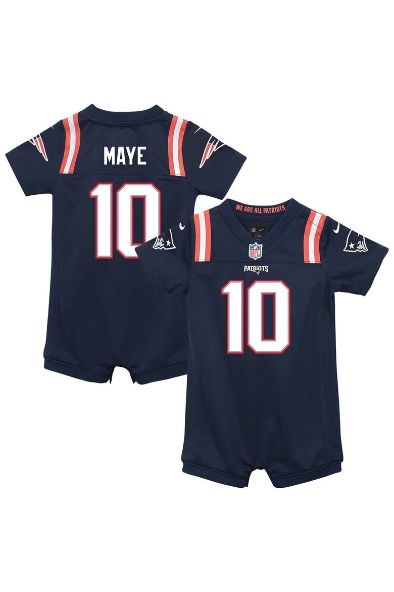 Newborn & Infant Nike Drake Maye Navy New England Patriots Game Romper Jersey, Main, color, Navy