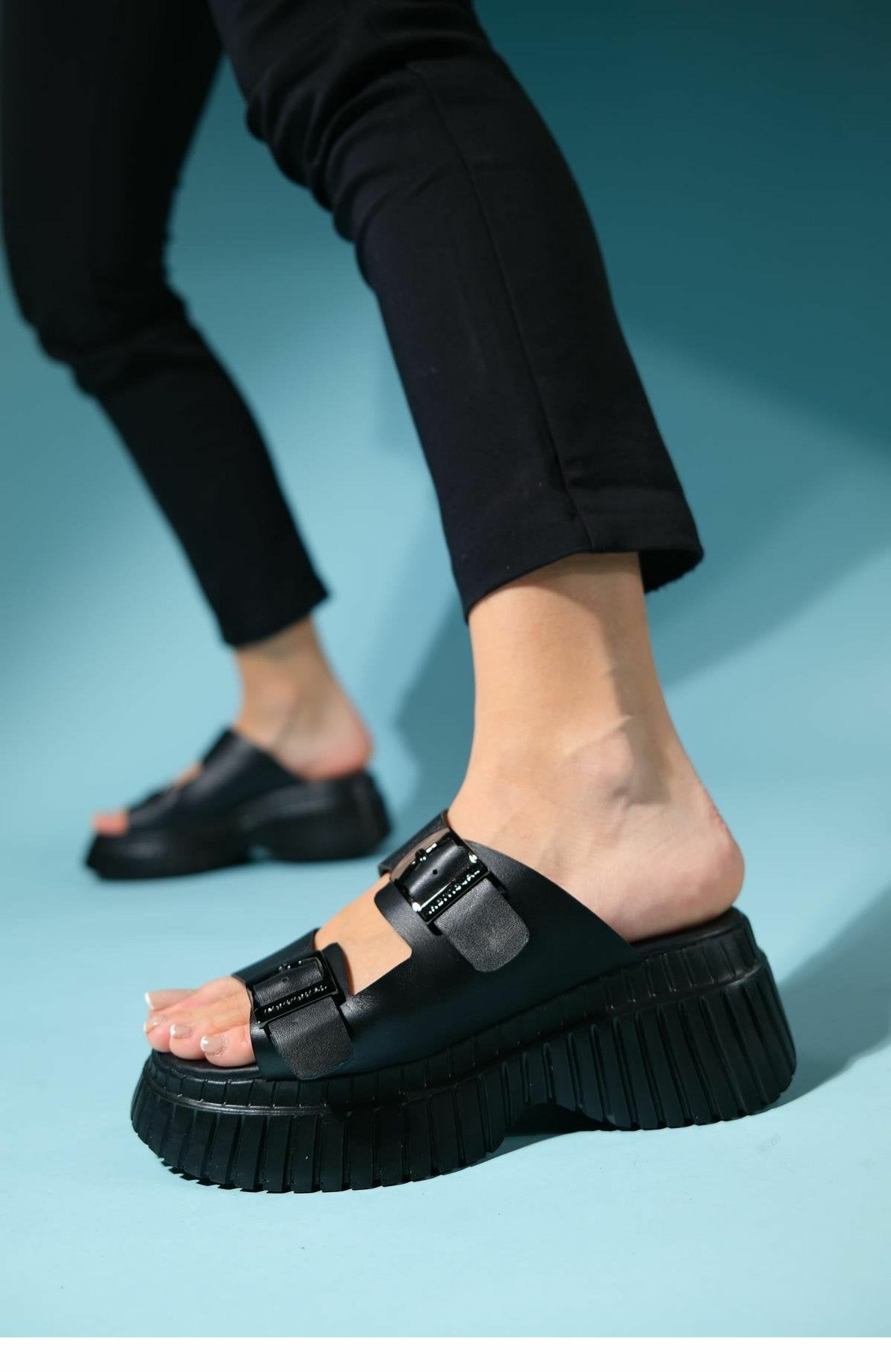 Forever & Always Shoes Joanes Leather Two-Strap Platform Sandal, Alternate, color, Black Leather