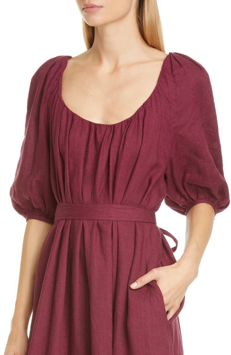 Mansur Gavriel Balloon Sleeve Linen Midi Dress, Alternate, color, 