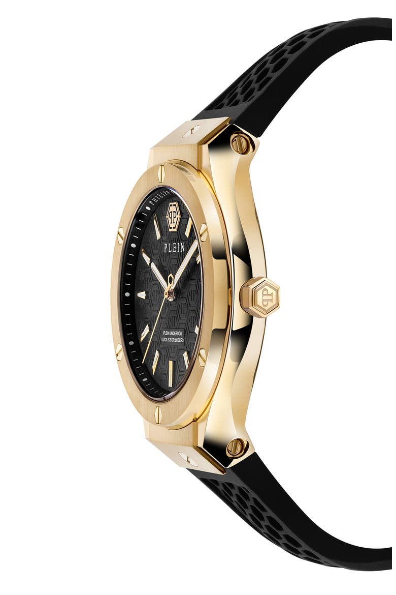 Plein Underdog Black Dial Silicone Strap Watch, 44mm, Alternate, color, IP YELLOW GOLD