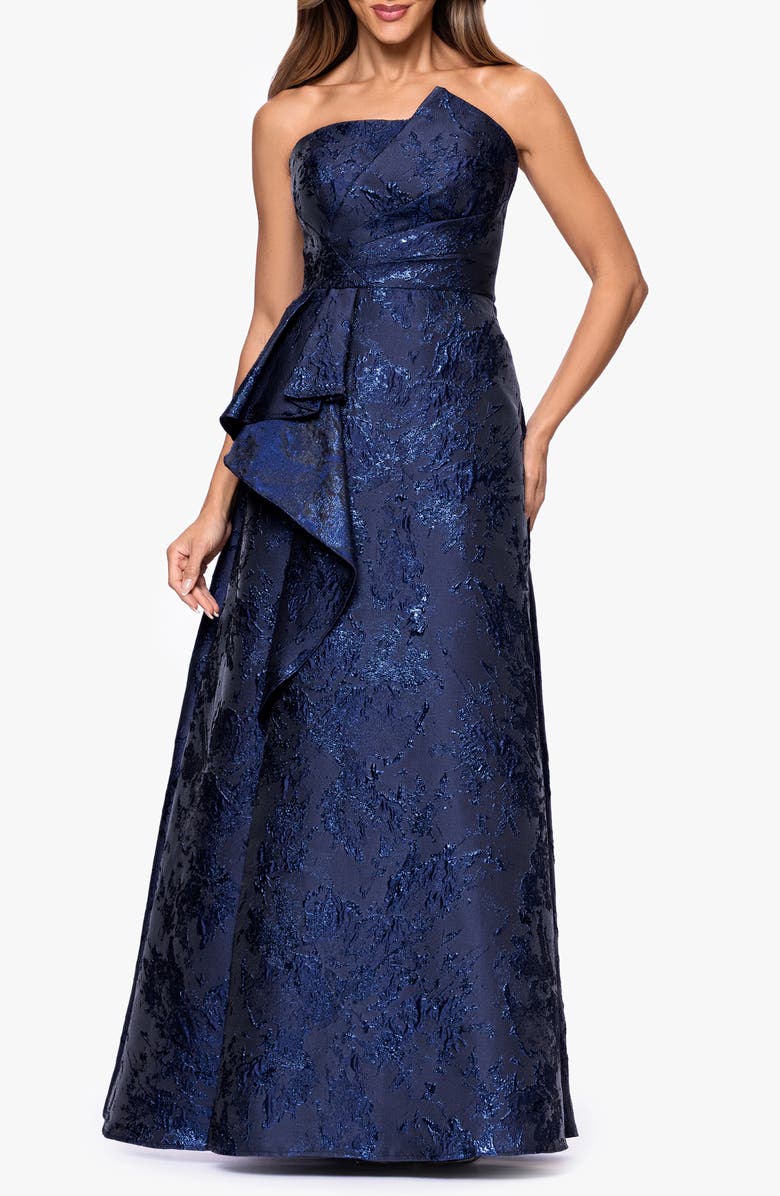 Xscape Evenings Metallic Brocade Asymmetric Strapless Gown, Main, color, Navy